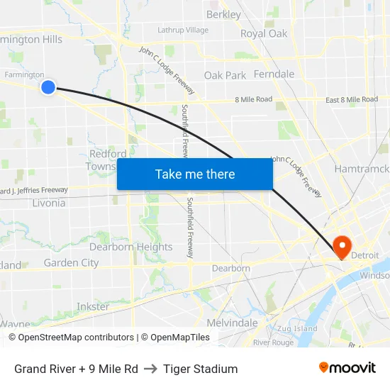 Grand River + 9 Mile Rd to Tiger Stadium map