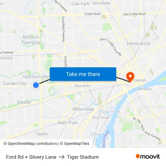 Ford Rd + Silvery Lane to Tiger Stadium map