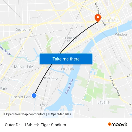 Outer Dr + 18th to Tiger Stadium map