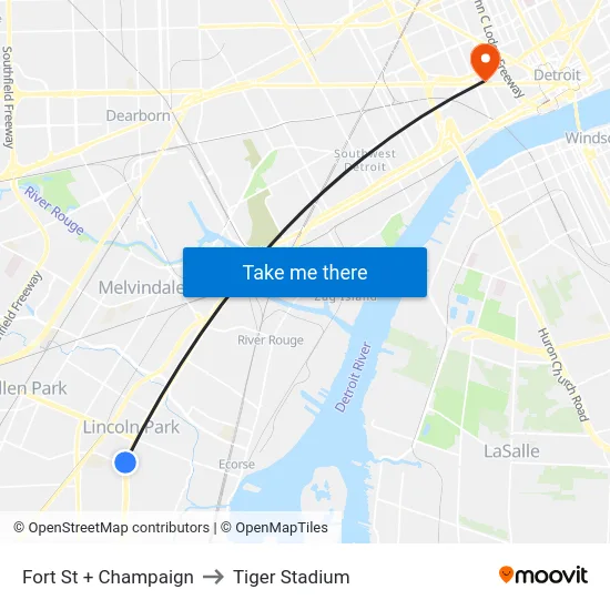 Fort St + Champaign to Tiger Stadium map