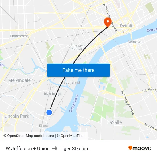 W Jefferson + Union to Tiger Stadium map