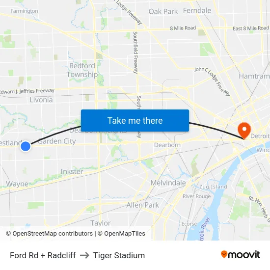 Ford Rd + Radcliff to Tiger Stadium map