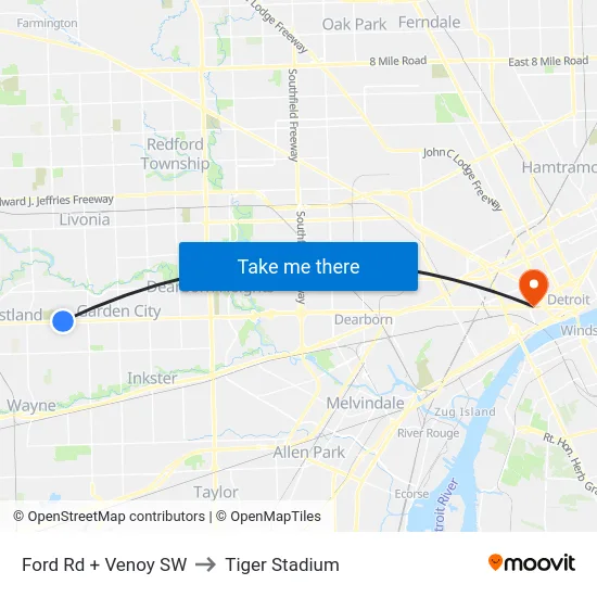 Ford & Venoy SW to Tiger Stadium map