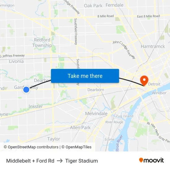 Middlebelt + Ford Rd to Tiger Stadium map