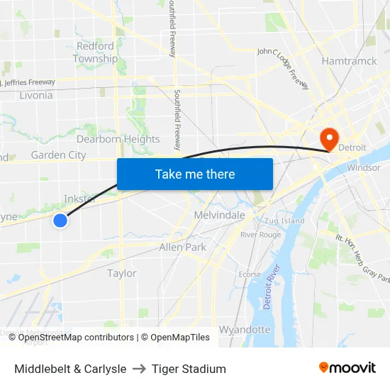 Middlebelt & Carlysle to Tiger Stadium map