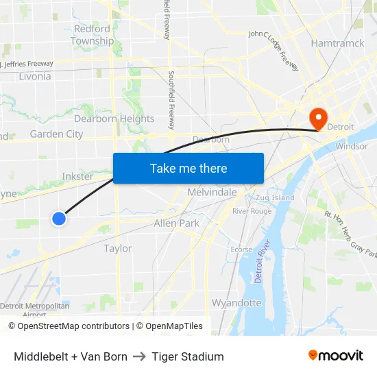 Middlebelt & Van Born to Tiger Stadium map