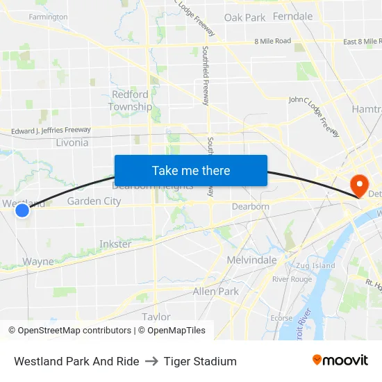 Westland Park And Ride to Tiger Stadium map