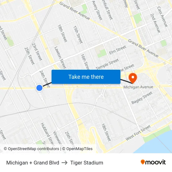 Michigan + Grand Blvd to Tiger Stadium map