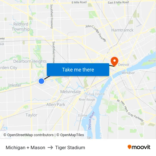 Michigan + Mason to Tiger Stadium map