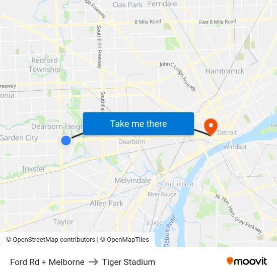 Ford Rd + Melborne to Tiger Stadium map