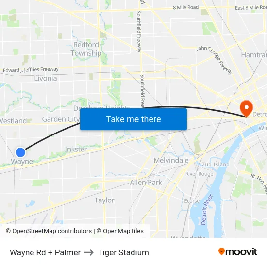 Wayne Rd + Palmer to Tiger Stadium map
