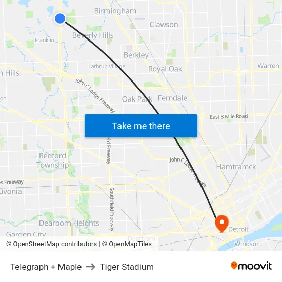 Telegraph + Maple to Tiger Stadium map