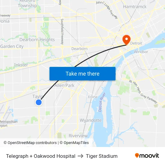 Telegraph + Oakwood Hospital to Tiger Stadium map