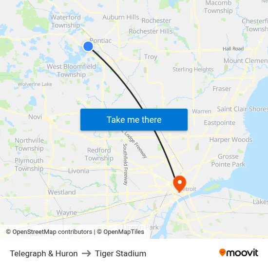 Telegraph & Huron to Tiger Stadium map