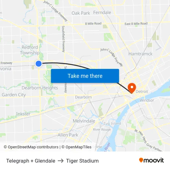 Telegraph + Glendale to Tiger Stadium map