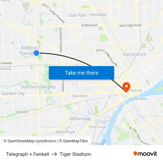 Telegraph & Fenkell to Tiger Stadium map