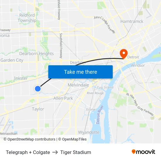 Telegraph & Colgate to Tiger Stadium map