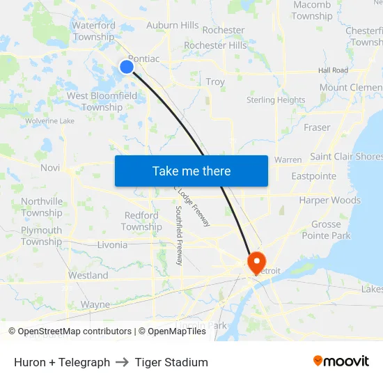 Huron + Telegraph to Tiger Stadium map