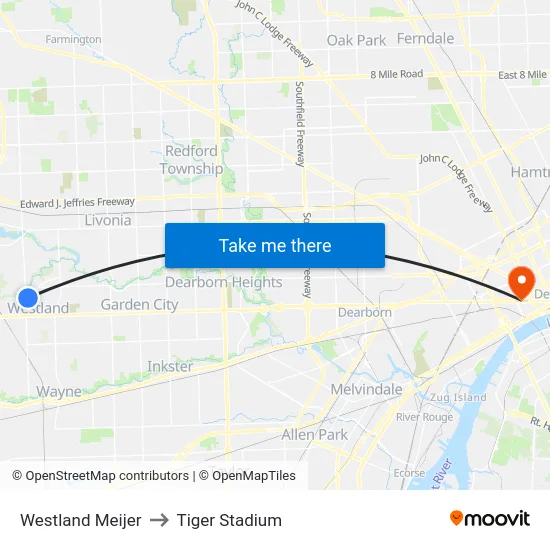 Westland Meijer to Tiger Stadium map