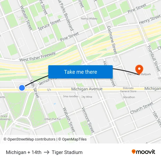 Michigan + 14th to Tiger Stadium map