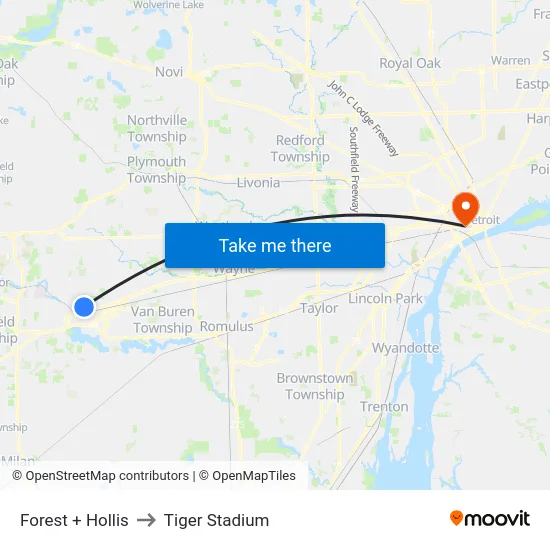 Forest + Hollis to Tiger Stadium map