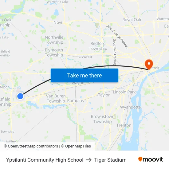 Ypsilanti Community High School to Tiger Stadium map