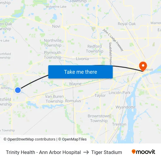 Trinity Health - Ann Arbor Hospital to Tiger Stadium map