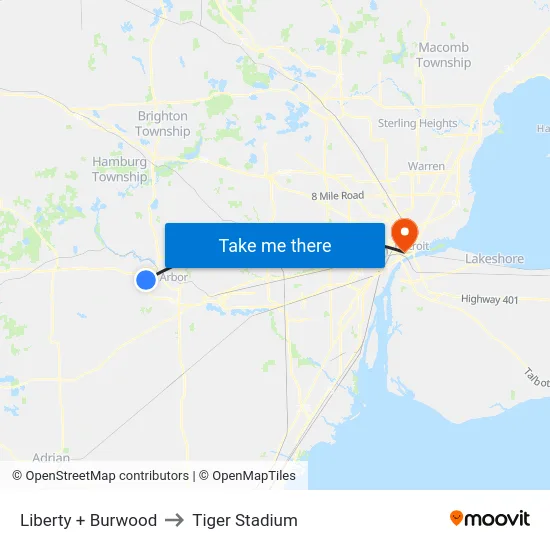 Liberty + Burwood to Tiger Stadium map
