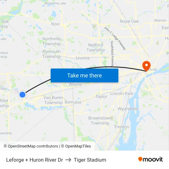 Leforge + Huron River Dr to Tiger Stadium map