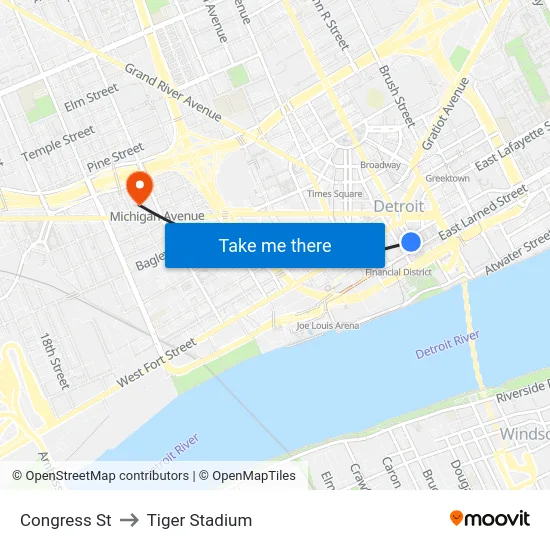 Congress St to Tiger Stadium map