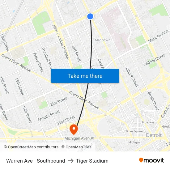 Warren Ave - Southbound to Tiger Stadium map
