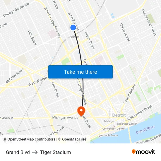Grand Blvd to Tiger Stadium map