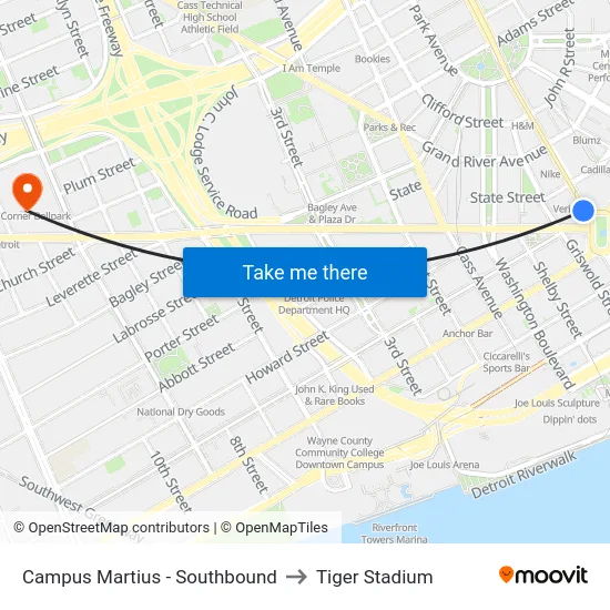 Campus Martius - Southbound to Tiger Stadium map