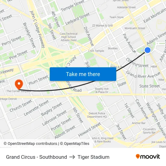 Grand Circus - Southbound to Tiger Stadium map