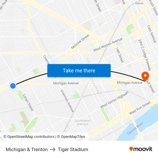 Michigan & Trenton to Tiger Stadium map