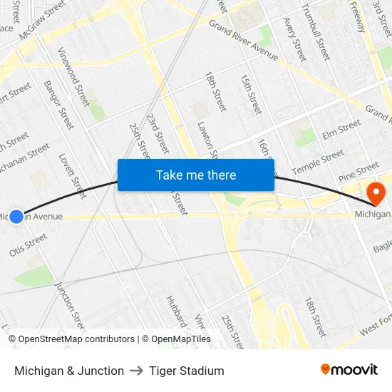 Michigan & Junction to Tiger Stadium map