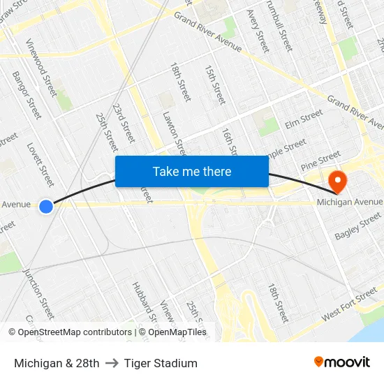 Michigan & 28th to Tiger Stadium map