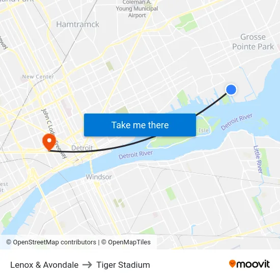 Lenox & Avondale to Tiger Stadium map