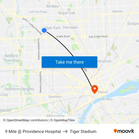 9 Mile @ Providence Hospital to Tiger Stadium map
