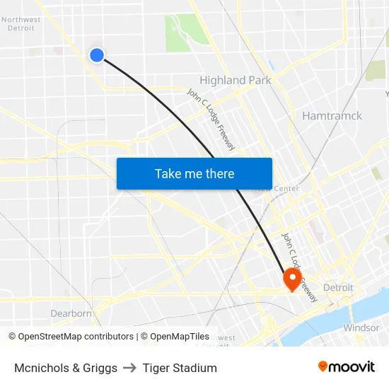 Mcnichols & Griggs to Tiger Stadium map