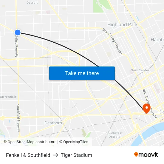 Fenkell & Southfield to Tiger Stadium map