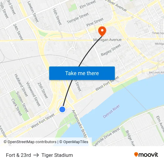 Fort & 23rd to Tiger Stadium map
