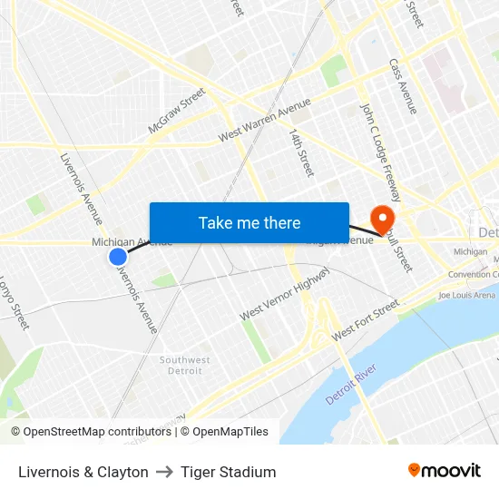 Livernois & Clayton to Tiger Stadium map
