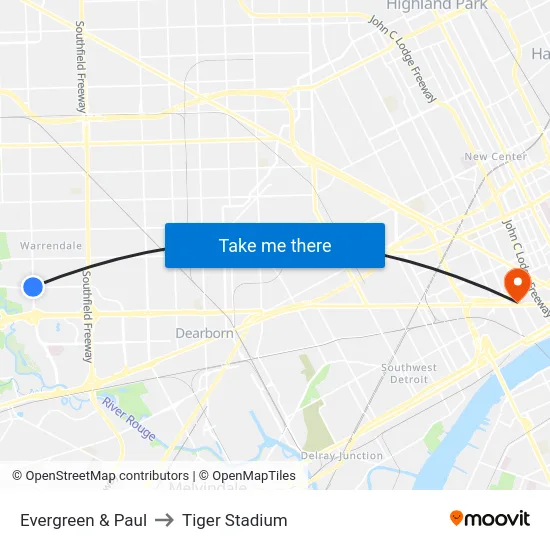 Evergreen & Paul to Tiger Stadium map