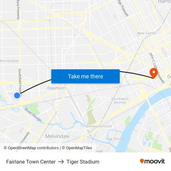 Fairlane Town Center to Tiger Stadium map