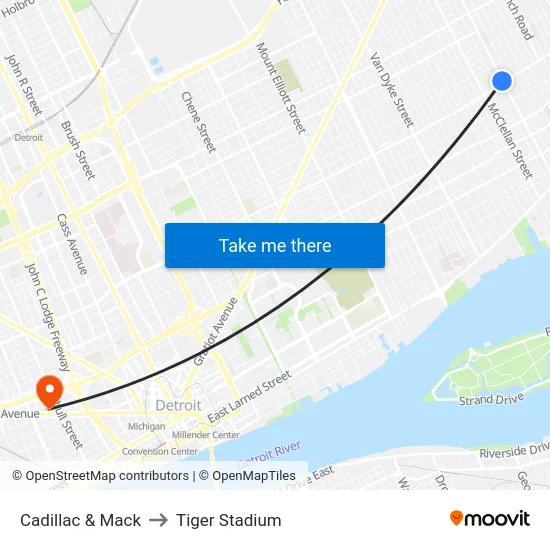 Cadillac & Mack to Tiger Stadium map