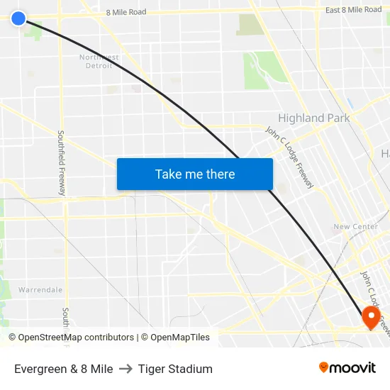 Evergreen & 8 Mile to Tiger Stadium map