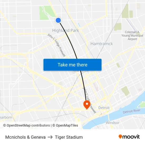 Mcnichols & Geneva to Tiger Stadium map