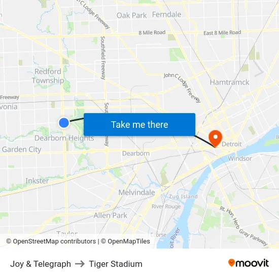 Joy & Telegraph to Tiger Stadium map