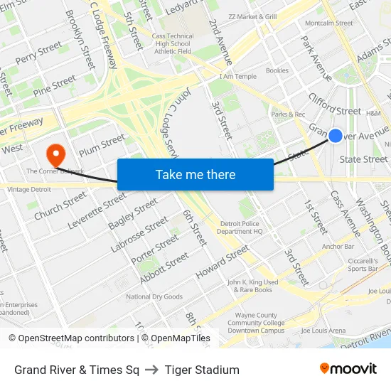 Grand River & Times Sq to Tiger Stadium map